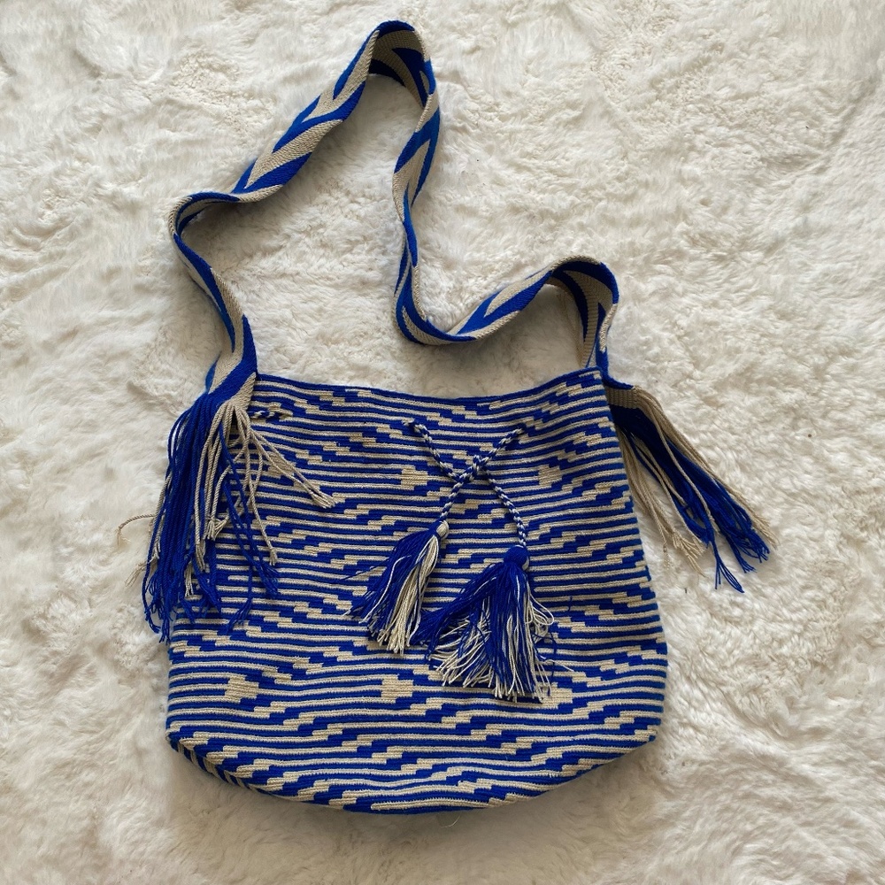 Intiq for J. Crew Mochica Blue Patterned Woven Crossbody Beach Bag